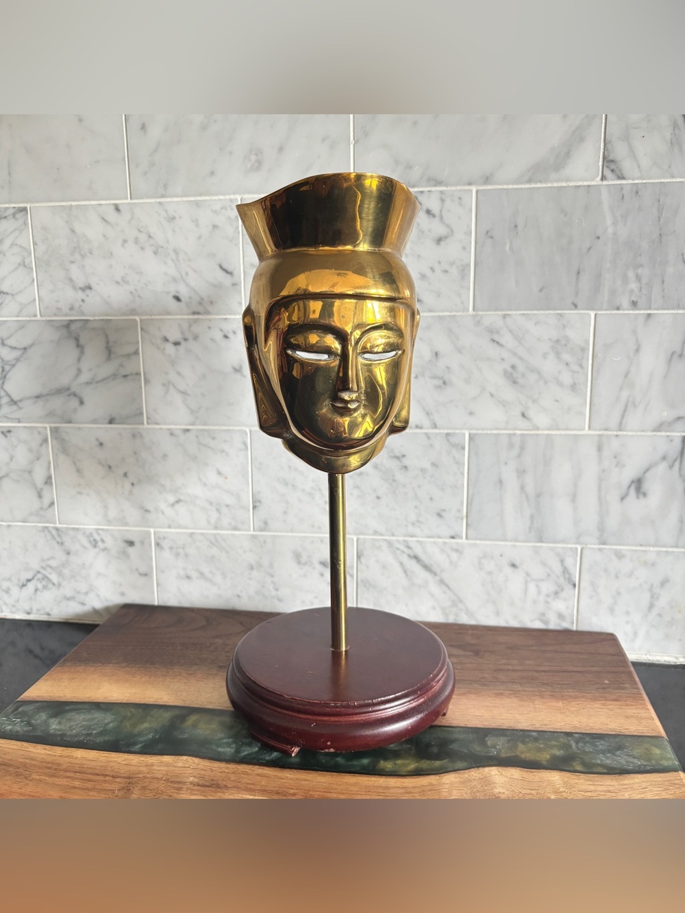 Vintage Mid Century Brass Asian Mask on Wood Base